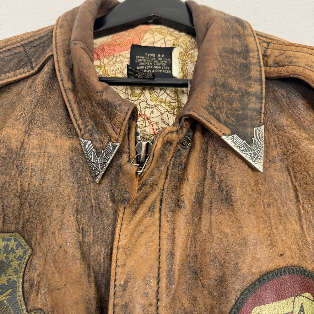 Vintage Avirex Old Leather A-2 Bomber Jacket Medium Europe Map Lining Patches - Picture 6 of 15